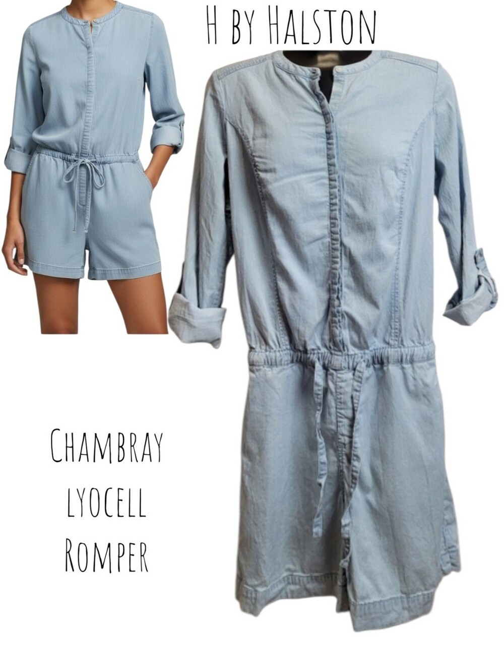 H by Halston Women's Chambray lyocell Romper Blue Denim indigo long-sleeve 4